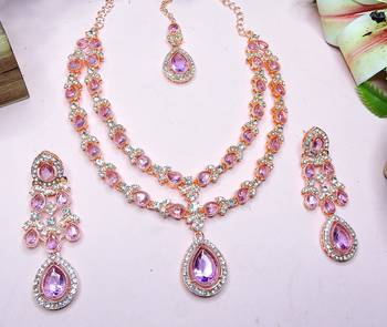 Purple rose gold premium designer american diamond and stone work necklace set 3