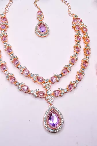 Purple rose gold premium designer american diamond and stone work necklace set