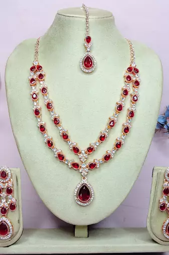 Maroon rose gold premium designer american diamond and stone work necklace set