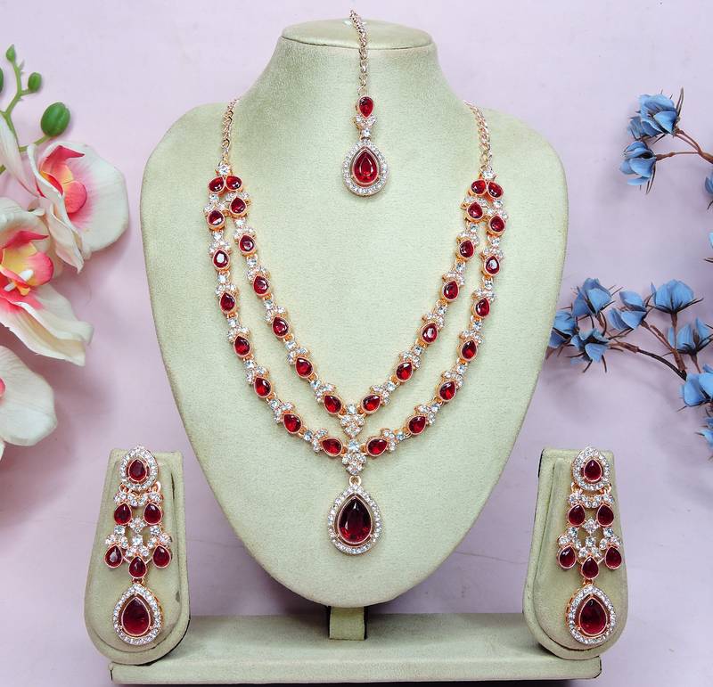 Maroon rose gold premium designer american diamond and stone work necklace set