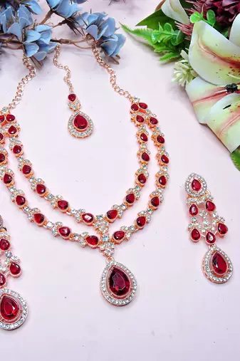 Maroon rose gold premium designer american diamond and stone work necklace set