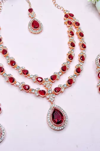 Maroon rose gold premium designer american diamond and stone work necklace set