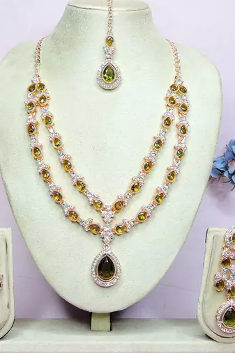 Green rose gold premium designer american diamond and stone work necklace set