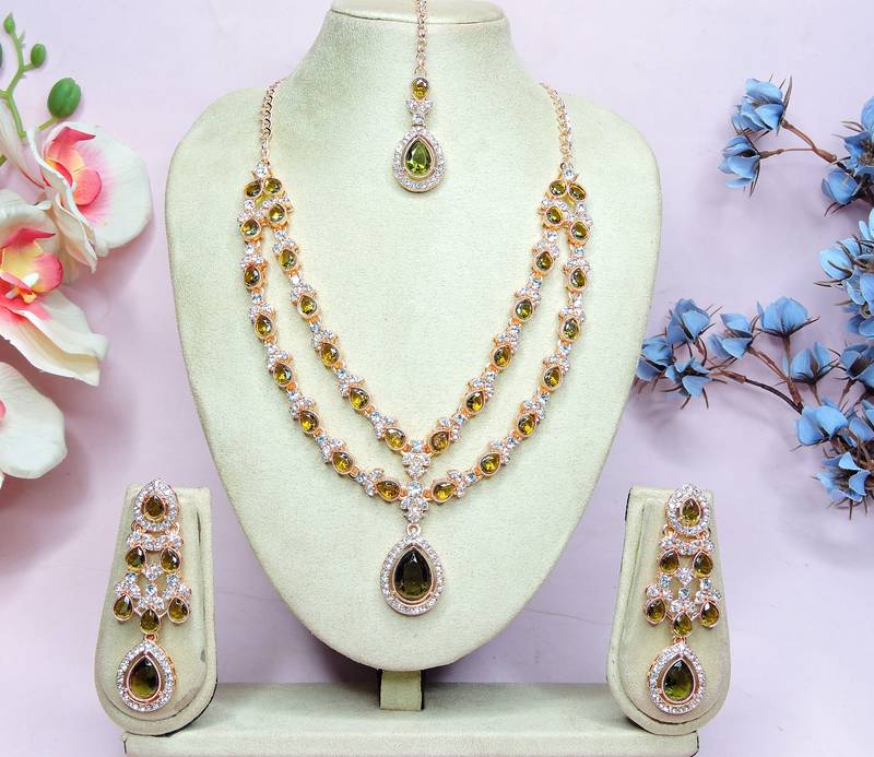 Green rose gold premium designer american diamond and stone work necklace set