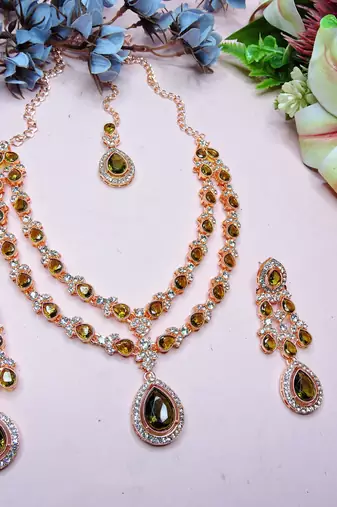 Green rose gold premium designer american diamond and stone work necklace set