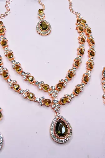 Green rose gold premium designer american diamond and stone work necklace set
