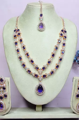 Blue rose gold premium designer american diamond and stone work necklace set