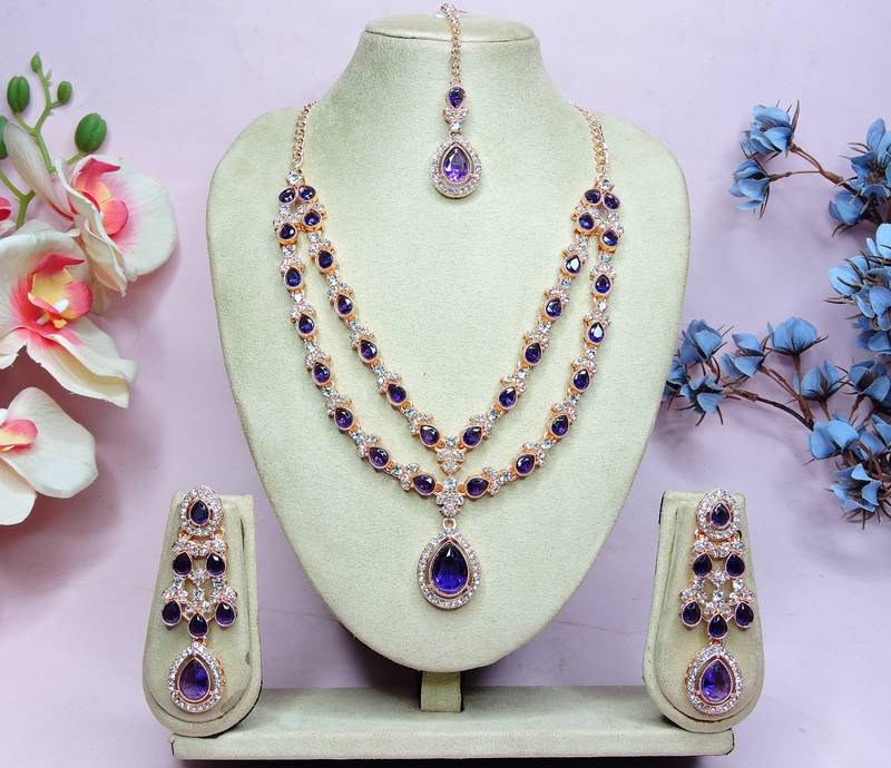 Blue rose gold premium designer american diamond and stone work necklace set