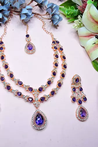 Blue rose gold premium designer american diamond and stone work necklace set