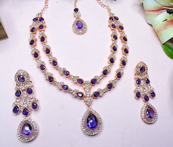 Blue rose gold premium designer american diamond and stone work necklace set 3