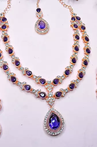 Blue rose gold premium designer american diamond and stone work necklace set