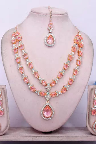 Pink rose gold premium designer american diamond and stone work necklace set
