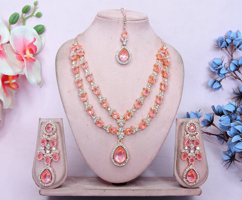 Pink rose gold premium designer american diamond and stone work necklace set