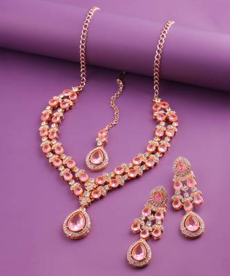 Pink rose gold premium designer american diamond and stone work necklace set 2