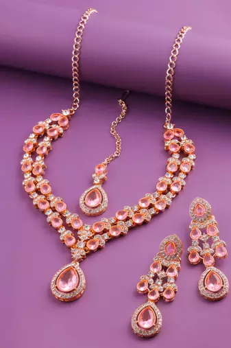 Pink rose gold premium designer american diamond and stone work necklace set