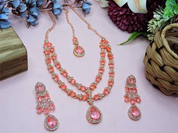 Pink rose gold premium designer american diamond and stone work necklace set 3