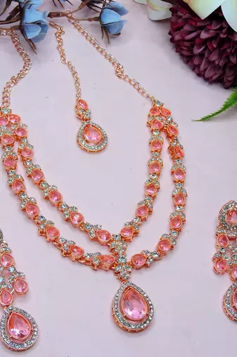 Pink rose gold premium designer american diamond and stone work necklace set