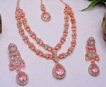 Pink rose gold premium designer american diamond and stone work necklace set 4