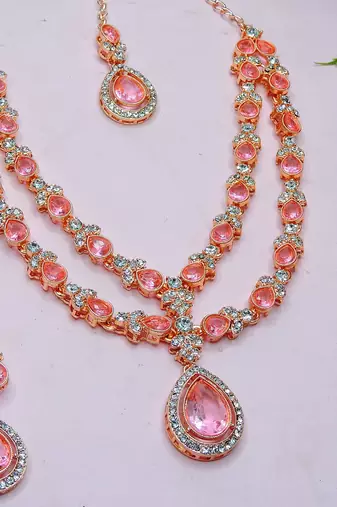 Pink rose gold premium designer american diamond and stone work necklace set