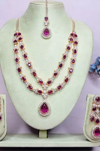 Purple rose gold premium designer american diamond and stone work necklace set