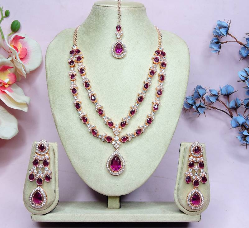 Purple rose gold premium designer american diamond and stone work necklace set