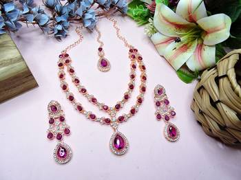 Purple rose gold premium designer american diamond and stone work necklace set 2