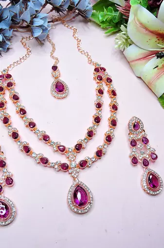 Purple rose gold premium designer american diamond and stone work necklace set