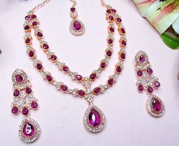 Purple rose gold premium designer american diamond and stone work necklace set 3