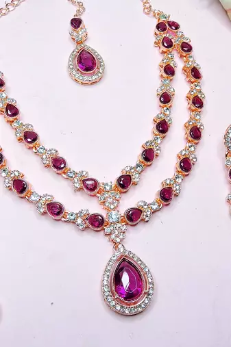 Purple rose gold premium designer american diamond and stone work necklace set