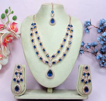 Blue rose gold premium designer american diamond and stone work necklace set 1