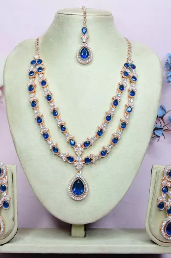 Blue rose gold premium designer american diamond and stone work necklace set