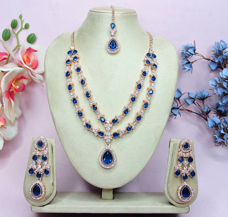 Blue rose gold premium designer american diamond and stone work necklace set