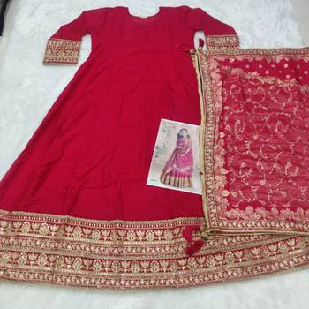 red embroidered silk blend anarkali salwar suit - free size 5