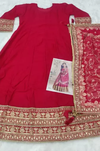 red embroidered silk blend anarkali salwar suit - free size