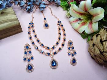 Blue rose gold premium designer american diamond and stone work necklace set 2