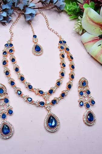 Blue rose gold premium designer american diamond and stone work necklace set