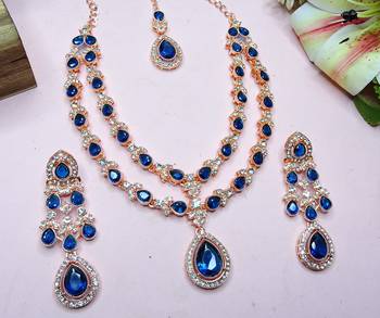 Blue rose gold premium designer american diamond and stone work necklace set 3