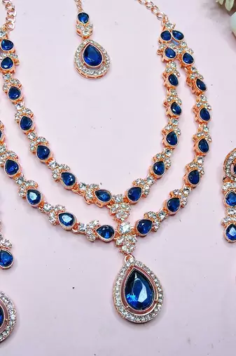 Blue rose gold premium designer american diamond and stone work necklace set