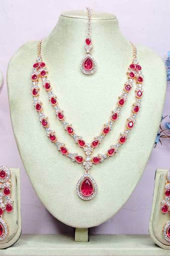 Pink rose gold premium designer american diamond and stone work necklace set