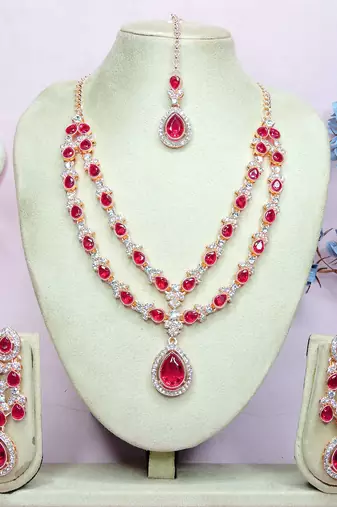 Pink rose gold premium designer american diamond and stone work necklace set
