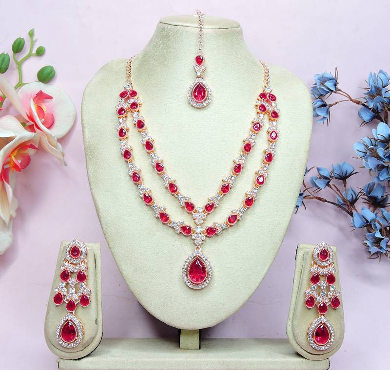 Pink rose gold premium designer american diamond and stone work necklace set