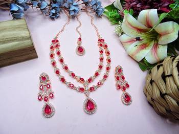 Pink rose gold premium designer american diamond and stone work necklace set 2