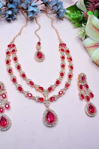 Pink rose gold premium designer american diamond and stone work necklace set