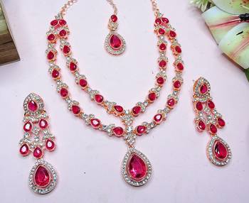 Pink rose gold premium designer american diamond and stone work necklace set 3