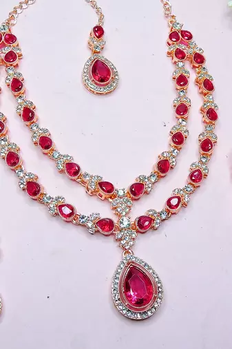 Pink rose gold premium designer american diamond and stone work necklace set