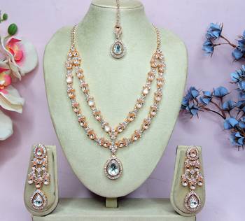 White rose gold premium designer american diamond and stone work necklace set 1