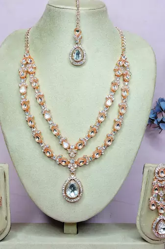 White rose gold premium designer american diamond and stone work necklace set