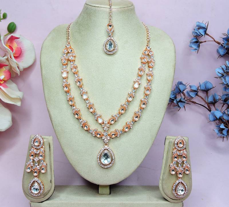 White rose gold premium designer american diamond and stone work necklace set