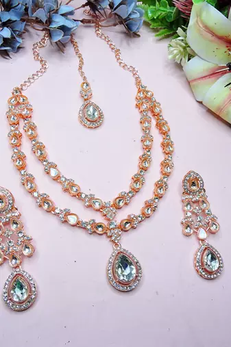 White rose gold premium designer american diamond and stone work necklace set