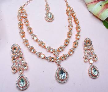 White rose gold premium designer american diamond and stone work necklace set 3